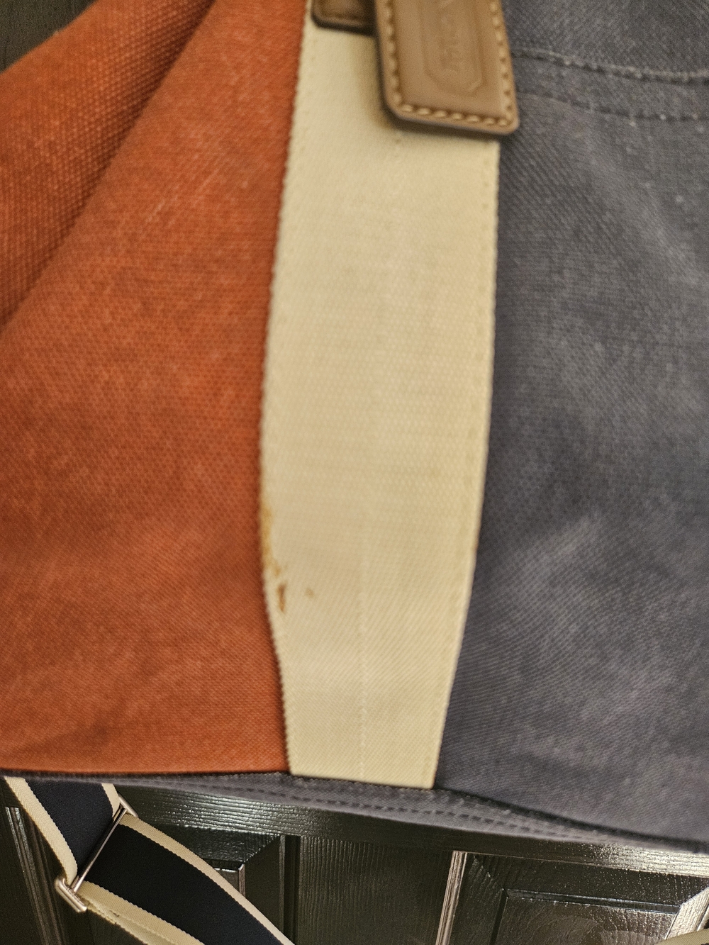 Coach Two-Tone Canvas Duffel Bag in Rust Red, Navy & Cream w/ Tolitery Bag - Picture 3 of 11